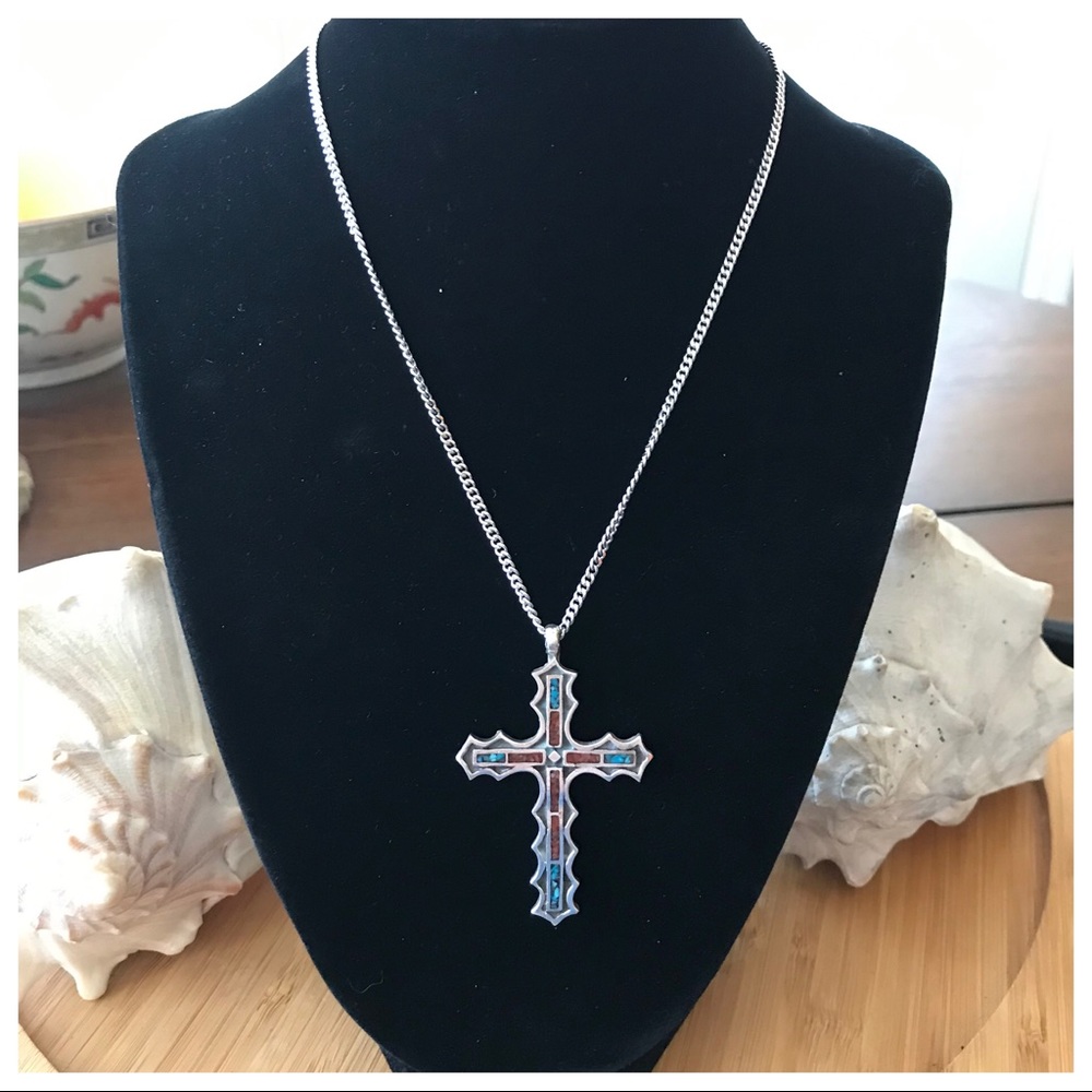 VTG Sterling Artisan Turquoise Coral Inlay Cross